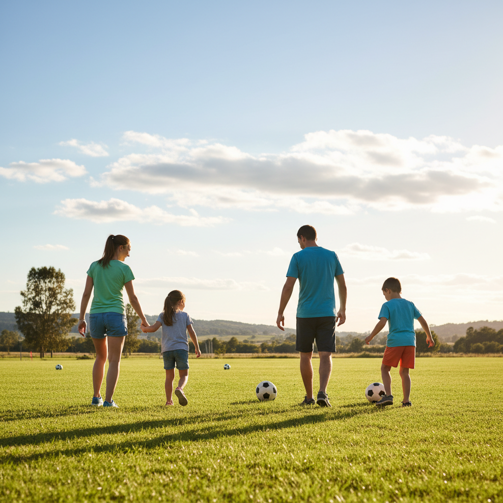 Eine vierköpfige Familie mit zwei Kindern geht bei Sonnenschein über einen grünen Fußballplatz und spielt mit Fußbällen.