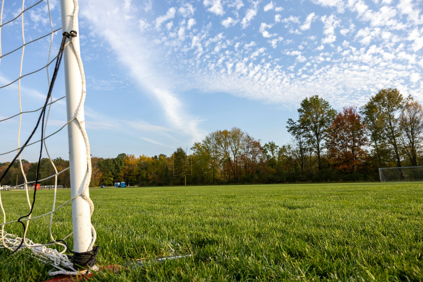 Fußballtore stehen auf einem Rasenfeld mit Herbstbäumen.